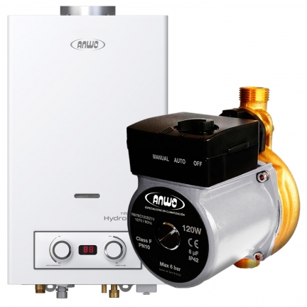 KIT CALEFÓN ANWO 10 L/M HITECH HYDRO 20 TIRO NATURAL LPG + BOMBA PRESURIZADORA ...